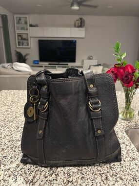 Vintage Fossil Black Leather Tote Bag
